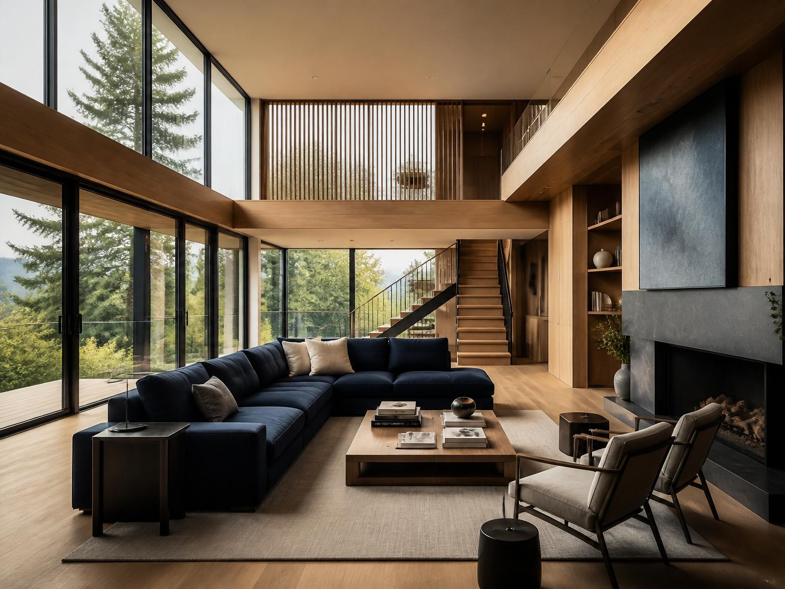 Interior of a custom-built modern home with warm oak carpentry and floor-to-ceiling windows